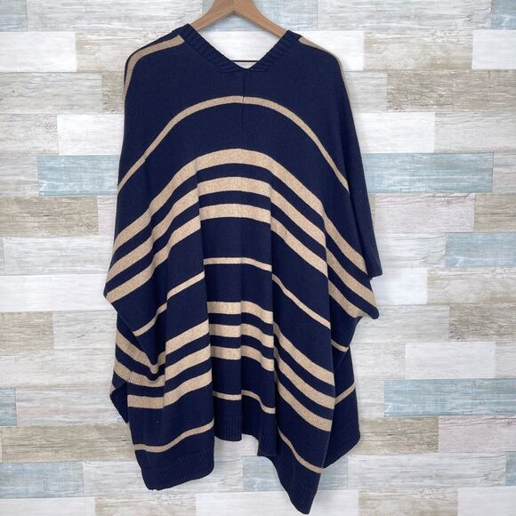GAP Striped Poncho Sweater Navy Blue Tan Wool Camel Hair Womens OS One Size - Picture 5 of 9